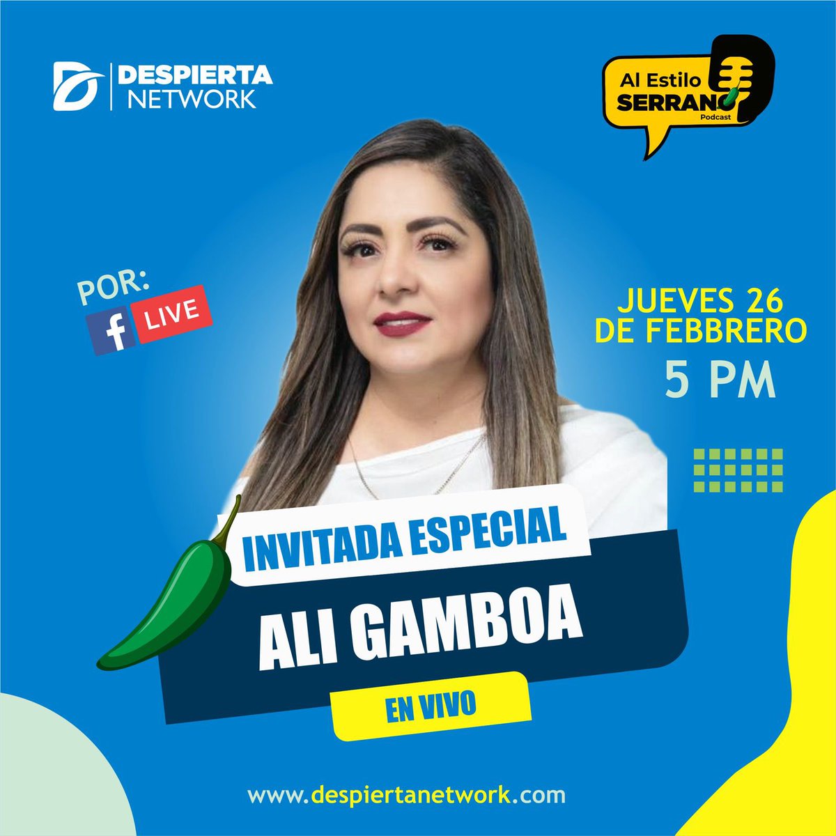 Hoy jueves 26 de febrero, en el episodio 19 de la 2ª Temporada, platicaremos #AlEstiloSerrano con <a href="/AlyGamboa/">Ali Gamboa</a> : ella es en SUMA, ¡una gran mujer en la política!

¡¡Los espero a las 5:00pm por #FacebookLive!!
#DespiertaNetwork
#Podcast
<a href="/suma_durango/">Suma_Dgo</a>
