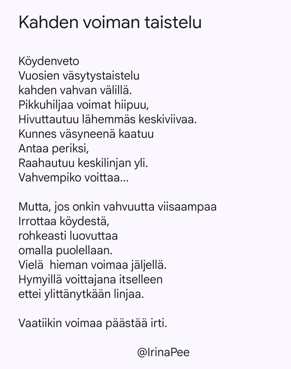 Poolaipe's tweet photo. #köydenveto #vahvuus #runo #poem https://t.co/q1zMRdNOBr