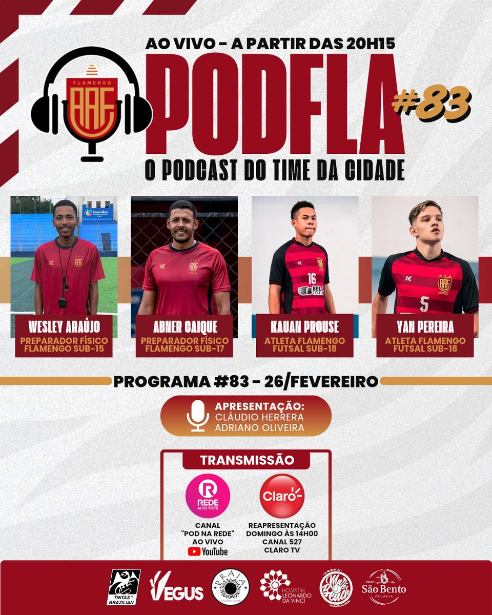 FlaGuarulhos's tweet photo. 🎙 Nesta quinta-feira (26), tem o PODFLA #83, às 20h15, AO VIVO no canal "POD na Rede" da @redealtotietetv no YouTube!

Contamos com a audiência de todos! 

#VoaCorvo #TimeDaCidade #GuarulhosÉRubroNegra https://t.co/COJbAmfU8D