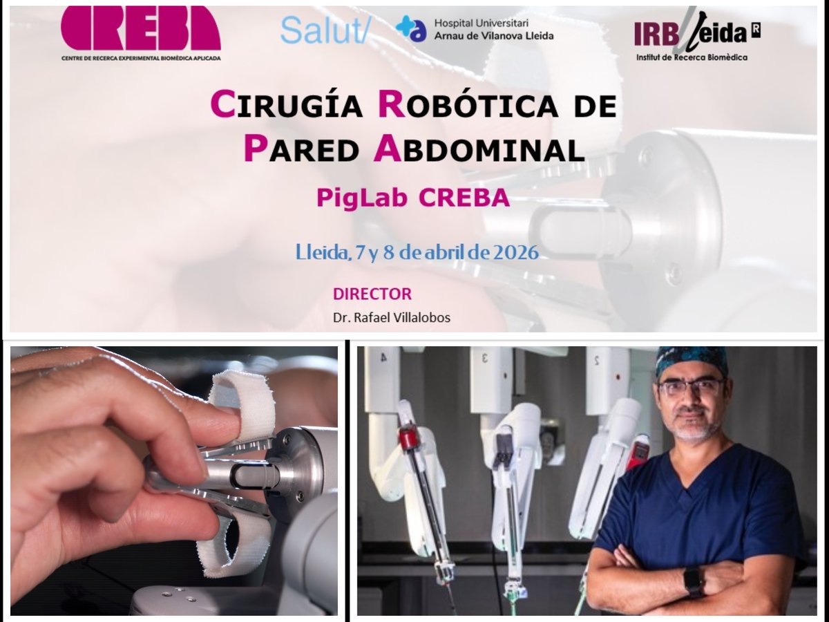 creballeida's tweet image. 📣¡¡Novedad!! (otra)
Curso de "Cirugía Robótica de Pared Abdominal – PigLab CREBA" 🤖
Curso exclusivo: sólo 3 plazas. 
Cirugía en vivo, experimental y clínica. 
📅 7 y 8 de abril de 2026
creballeida.org/cursos/cirugia…
#Cirugía #Pared #Robótica #DaVinci