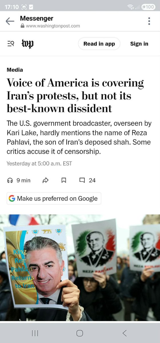 fardad200's tweet photo. واشنگتن‌پست رسماً افشا کرد: صدای آمریکا در حال پوشش اعتراضات ایران است اما **شاهزاده رضا پهلوی**، رهبر اصلی و محبوب‌ترین چهره مخالف رژیم را کاملاً سانسور می‌کند!  
نامش را نمی‌برند، شعارهای مردم به نام او را قطع می‌کنند، مهمانان را تهدید می‌کنند اگر اسمش را بیاورند اخراج می‌��وند https://t.co/PcuaN3AIoe