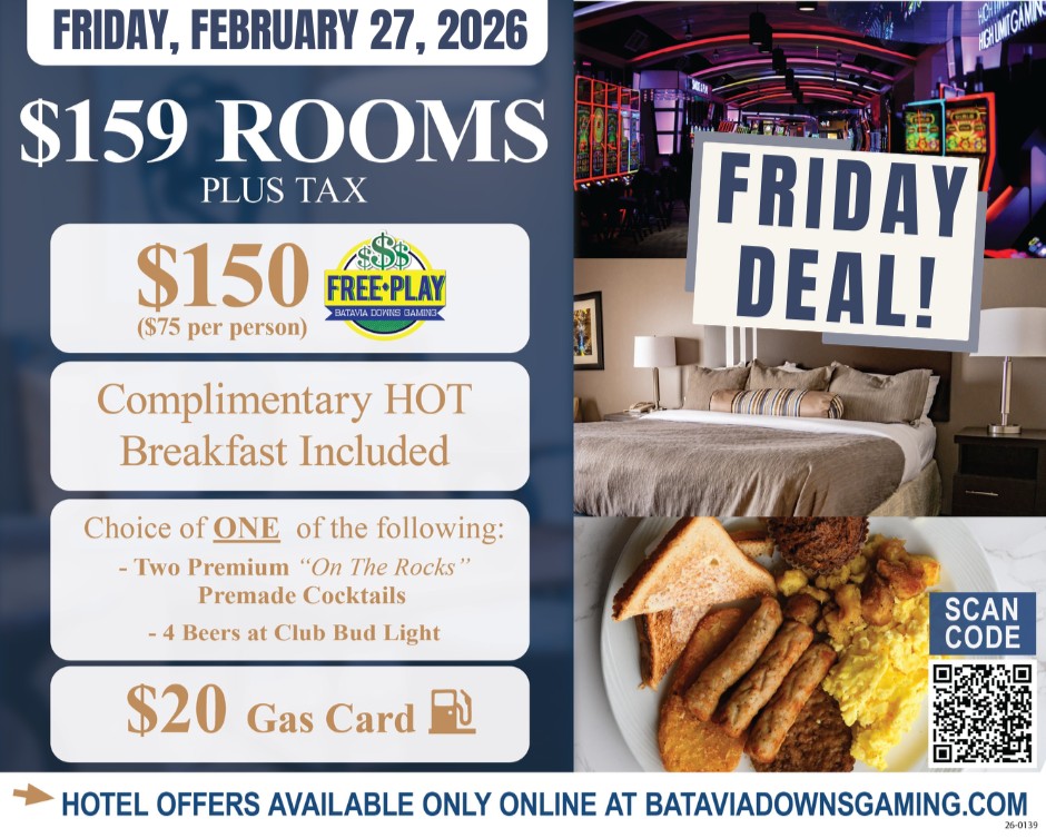 BataviaDowns's tweet photo. #BonusDeal! ⭐ TOMORROW, Friday, Feb. 27th is available with our monthly hotel package! Book here: https://t.co/IqcrwOuhF0 or call 585-815-7000!
*Must be 21+ to book. (Usually only valid Sun-Thurs!) https://t.co/ylOjXU8fyn