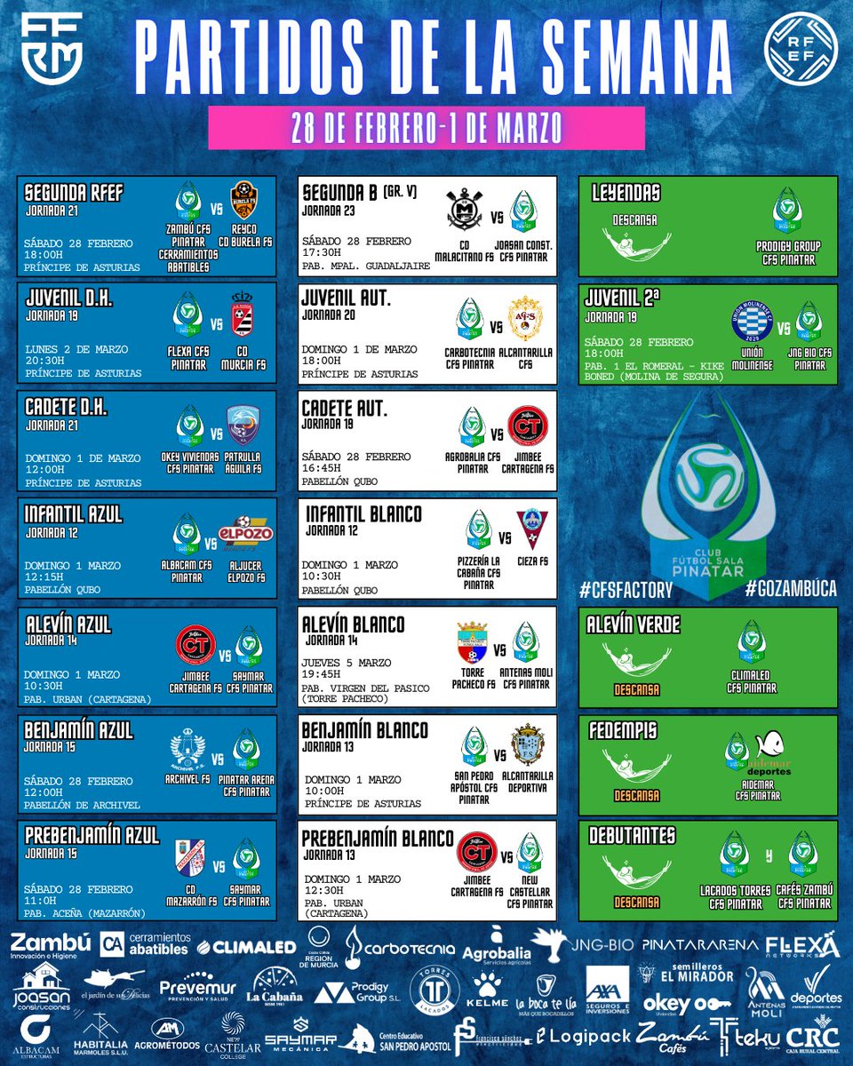 CFS_Pinatar's tweet image. 🤪Febrero se acaba con fútbol sala del bueno y marzo se empieza con más de lo mismo...

🖼️Este es el calendario de 𝐩𝐚𝐫𝐭𝐢𝐝𝐨𝐬 𝐝𝐞 𝐥𝐚 𝐬𝐞𝐦𝐚𝐧𝐚 para los equipos del club

#GOZambúCA #GOPinatar #CFSFactory💙💚