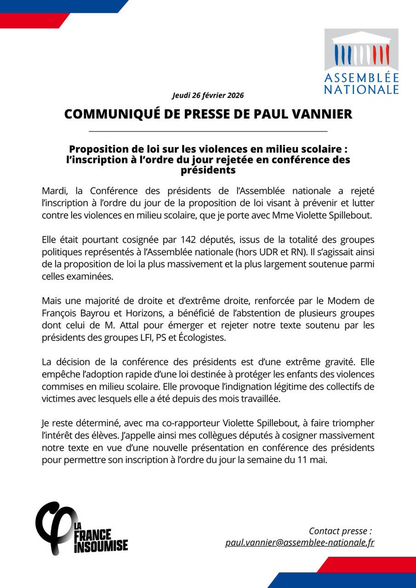 🔴 Scandale en Conférence des présidents de l’Assemblée nationale.

Notre proposition de loi contre les violences en milieu scolaire, portée avec <a href="/VSpillebout/">Violette Spillebout</a> et co-signée par 142 députés de 9 groupes, était la plus amplement et massivement soutenue. Elle a pourtant été écartée