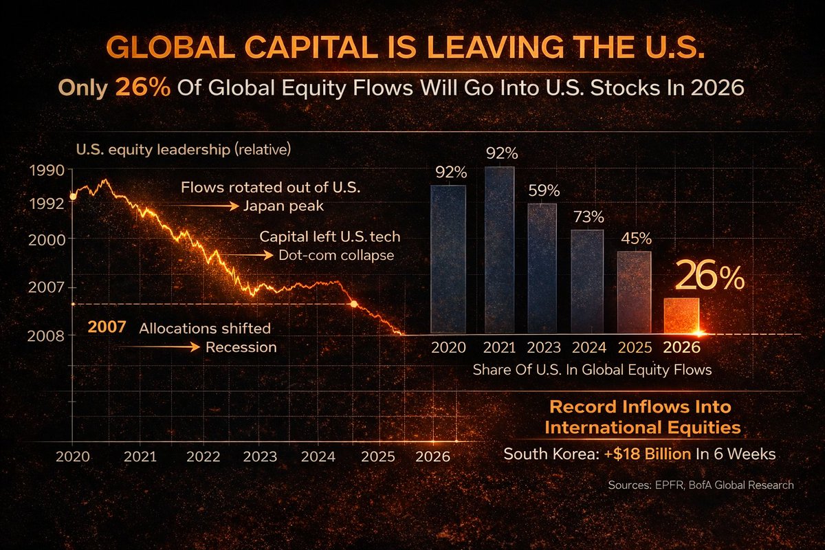 AlexMasonCrypto's tweet photo. 🚨 THIS IS THE END

Global Capital is leaving the U.S.

In 2026, for every $100 spent globally, only $26 is going into U.S. stocks.

At the 2022 peak? $92 out of every $100.

The lowest U.S. allocation since COVID.

A 3.5× collapse.

That has NEVER HAPPENED in the middle of a real BULL MARKET.

In 1989, capital rotated out of U.S. assets before Japan and Asia peaked. 2000, global flows left U.S. tech months before the dot-com collapse. 2007, cross-border allocations shifted before recession headlines appeared.

This is now the SECOND consecutive year U.S. equity funds are losing global share.

International equities are absorbing RECORD inflows: +$65B / week.

LOOK WHERE IT'S GOING.

South Korea alone just pulled +$18B in six weeks. The largest inflow on record.

Historically, Korea only sees this kind of demand when: Dollar is weak + Global leadership is about to change

It happened in 1993, 2003, and 2017.

Each time, U.S. equities underperformed FOR YEARS.

Most investors don’t lose money in crashes.

They lose it staying loyal to a regime that already ended.

Remember, I’ve predicted all the market tops and bottoms for the last 15+ years.

When I EXIT the markets completely, I’ll say it here publicly, like I always do.

Many people will wish they followed me sooner.
