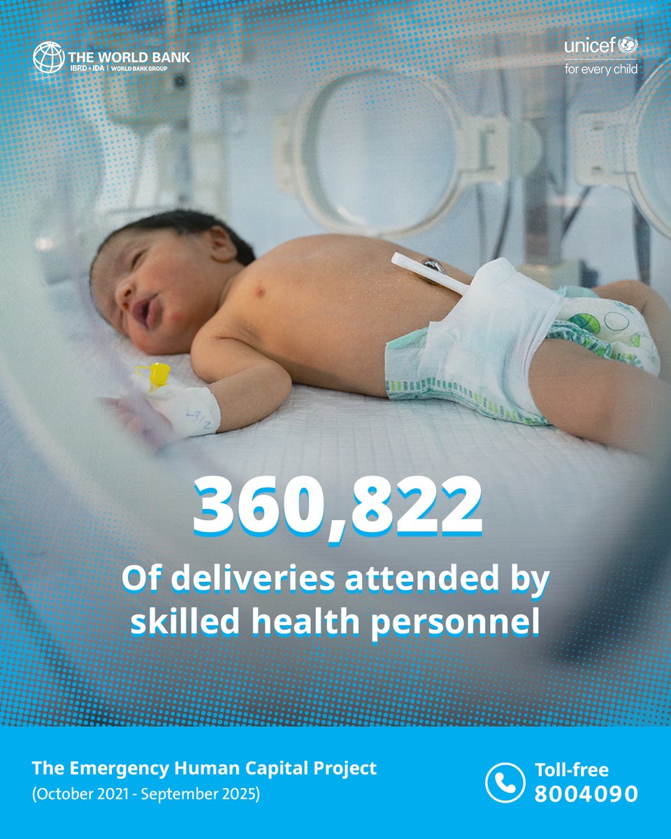 UNICEF_Yemen's tweet photo. Through the #Emergency_Human_Capital_Project (#ECHP) funded by the @WorldBankMENA, #UNICEF supported more than 360,000 deliveries attended by skilled health personnel in #Yemen from October 2021 to September 2025. https://t.co/9zOSQYamRk