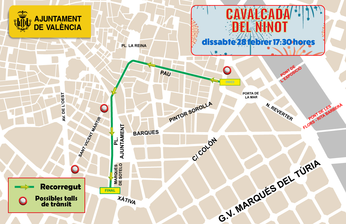 AjuntamentVLC's tweet photo. 🟡Dispositiu de @TransitValencia amb motiu de la #CavalcadaNinot26 d'este dissabte
⭕️La Cavalcada partirà a les 17.30h des de la Glorieta, i arribarà fins al carrer de Xàtiva en un recorregut que es preveu de més de 2 hores de duració.
❤️🔥Les primeres peces de la #FallaMunicipal “Hope” tancaran la desfilada.
Consulta el recorregut⤵️
🔗https://t.co/eeIP6bi3Kb