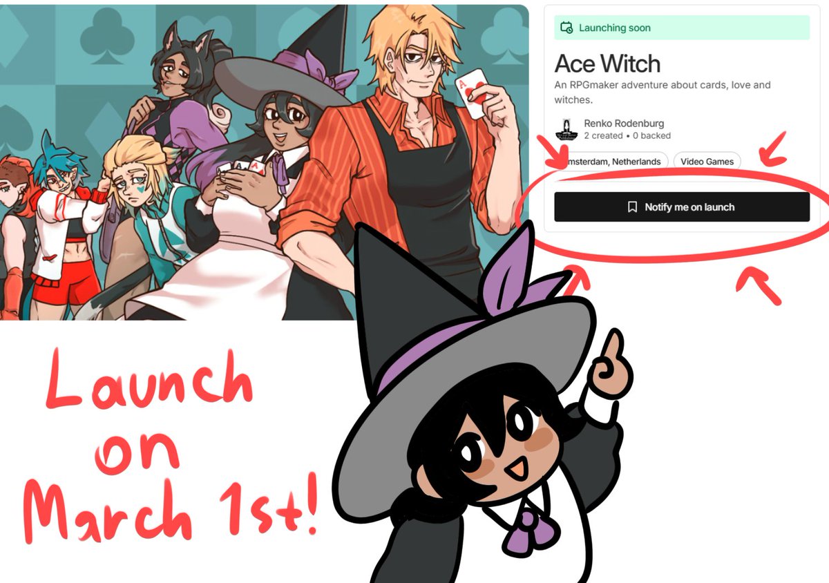 #indiegame #IndieGameDev #acewitch #kickstarter 
✨️ANNOUNCEMENT✨️
Hi guys! The game kickstarter is finally going on launch on March 1st! You can bookmark it for now to stay turned when it's out!
I'm very excited and happy to finally be here. See you!
🔗kickstarter.com/projects/mista…