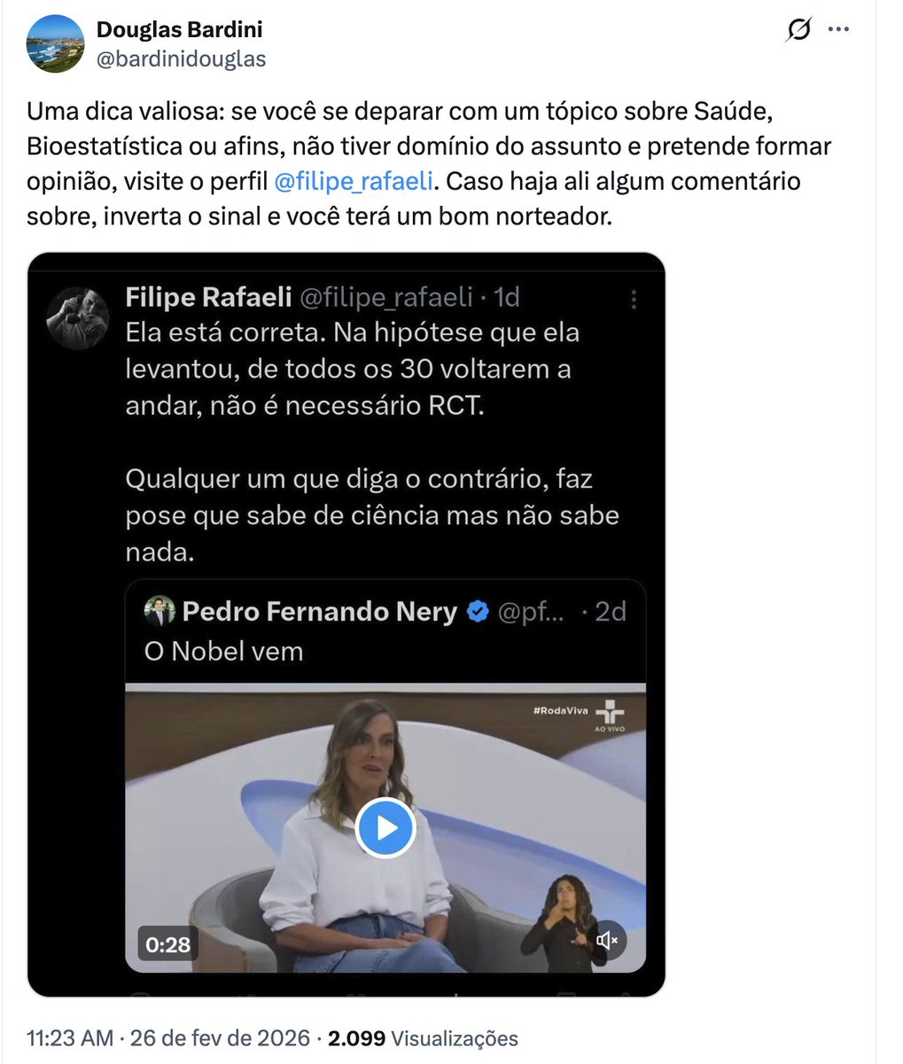 filipe_rafaeli's tweet photo. Vamos da hipótese direto para a prática, de algo que tem 100% de eficácia, mas sem RCT: o paraquedas.

Douglas, te convido a ser controle em um RCT pra gente conferir. Eu, pessoalmente, te levo para 10 mil pés, abro a porta e te empurro. Será sua melhor colaboração para a ciência https://t.co/TSAby0wOOl