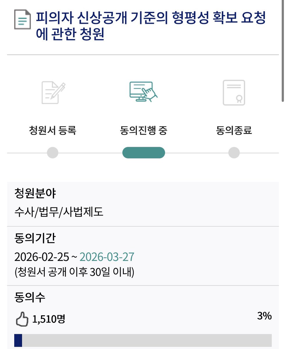 여전히 3%.. 화력 이게 맞나요?😢

가해자 신상공개 기준을 바꿔야 합니다.
누군 얼굴 까고, 안 까고. 이게 뭡니까?

불공평한 현실입니다.
아래 링크에서 "동의하기" 부탁드립니다. 

바꿔 봅시다.
petitions.assembly.go.kr/proceed/onGoin…