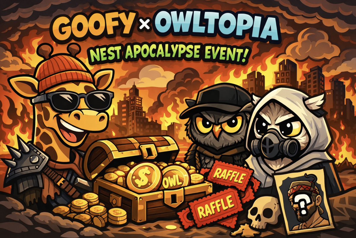 🦉🦒GOOFY x OWLTOPIA — NEST APOCALYPSE COLLAB 🥳 <a href="/Owltopia_sol/">Owltopia</a> 

To help push us toward the 250 Apocalypse Upgrade Bonus Wheel (ONLY 12 LEFT!), we’ve teamed up with Owltopia’s Nest Event for a limited-time collab 🔥

The NEXT 15 Apocalypse Upgrades will each receive:
🦉 2 OWL