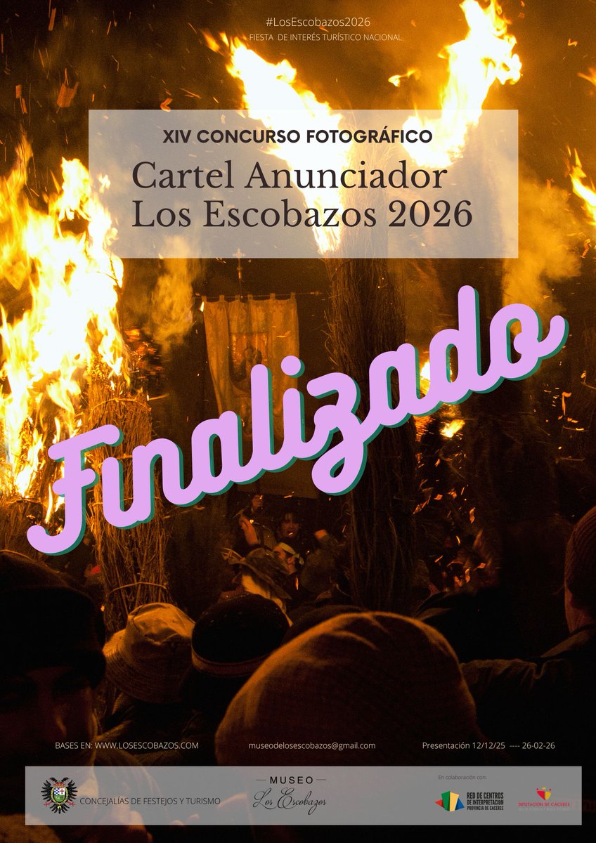 Finalizado el plazo de presentación de candidaturas para la elección de la fotografía que ilustrará el cartel de Los Escobazos 2026.🥰🔥

📢Fallo del jurado, el próximo viernes 6 de marzo.

¡¡Alea iacta est!!🍀

<a href="/Turismo_DipCC/">Turismo Provincia Cáceres</a>