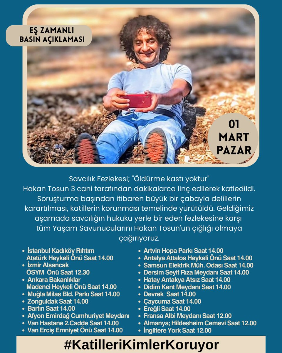 GAZETECİ HAKAN TOSUN ÖLDÜRÜLDÜ
KATİLLERİ KİMLER KORUYOR

1 Mart Pazar
12:30
Alsancak ÖSYM Önü 

Hakan Tosun’un Ailesi, Avukatları ve Dostları
#KatilleriKimKoruyor 
#HakanTosunNedenÖldürüldü
#HakanTosunaNeOldu

<a href="/HakanTosunn/">Hakan Tosun</a>