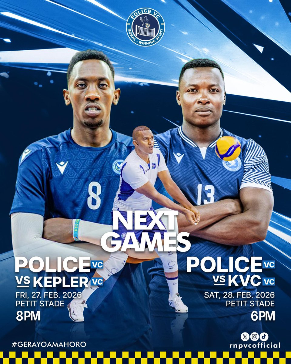 rnpvcofficial's tweet photo. #RNVL 2025-2026 Final Day of the Regular Season :: The Last Dance.
Friday :: 8PM : POLICE VC vs KEPLER VC
Saturday :: 6PM: POLICE VC vs KVC
📍: Petit Stade
#GerayoAmahoro #RwandaVolleyball https://t.co/nCLQUW0bpp