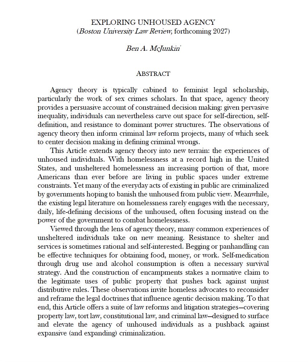 I’ve just posted my latest paper to SSRN: papers.ssrn.com/sol3/papers.cf…

In it, I consider the possibility of mapping feminist agency theory, drawn from sex crimes literature, onto the everyday experiences of unhoused individuals. 

I am grateful to the student editors <a href="/BULawReview/">BU Law Review</a>!