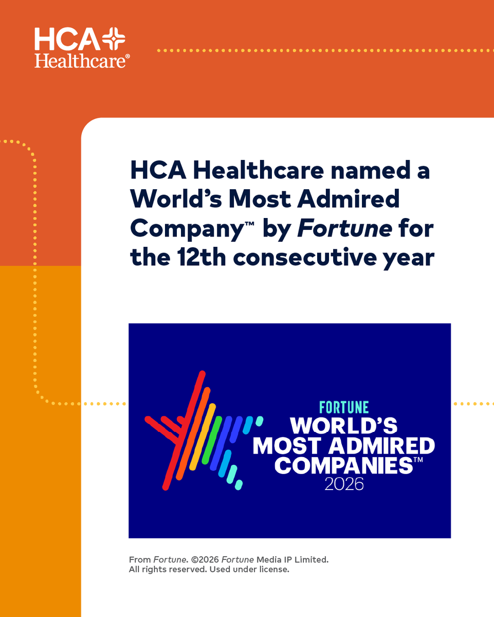 HCAhealthcare's tweet image. We’re proud to announce HCA Healthcare has been named on @FortuneMagazine’s 2026 World’s Most Admired Companies™ list for the 12th consecutive year, once again ranking first overall in our industry. Learn more: bit.ly/46s2pvu #PositiveImpact #MostAdmiredCos