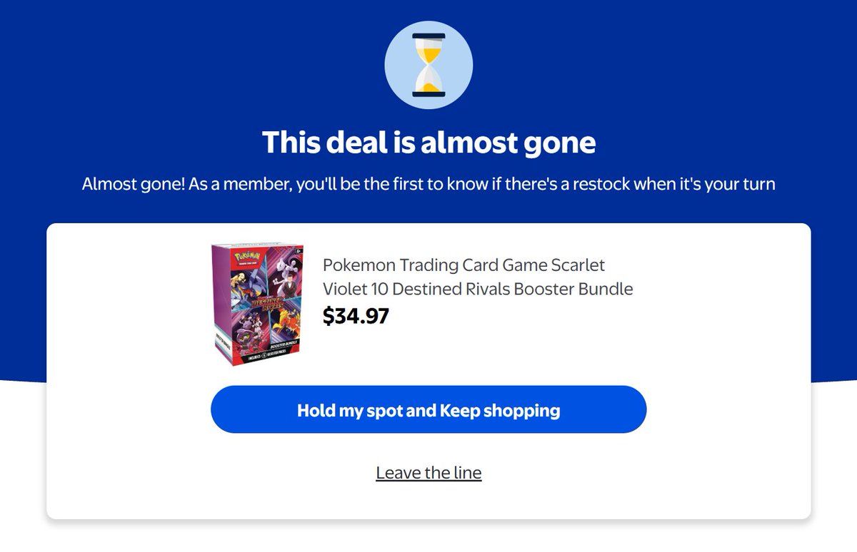 cwgrock's tweet photo. @PokemonRestocks I have never gotten past the "This deal is almost gone" "Hold my spot and Keep shopping" page.  Never seen a timer.  The site still shows I'm in line right now.  Is this a feature or a bug? 🤣 Is this just how it works or am I doing something wrong? https://t.co/lkZdz9DtAc