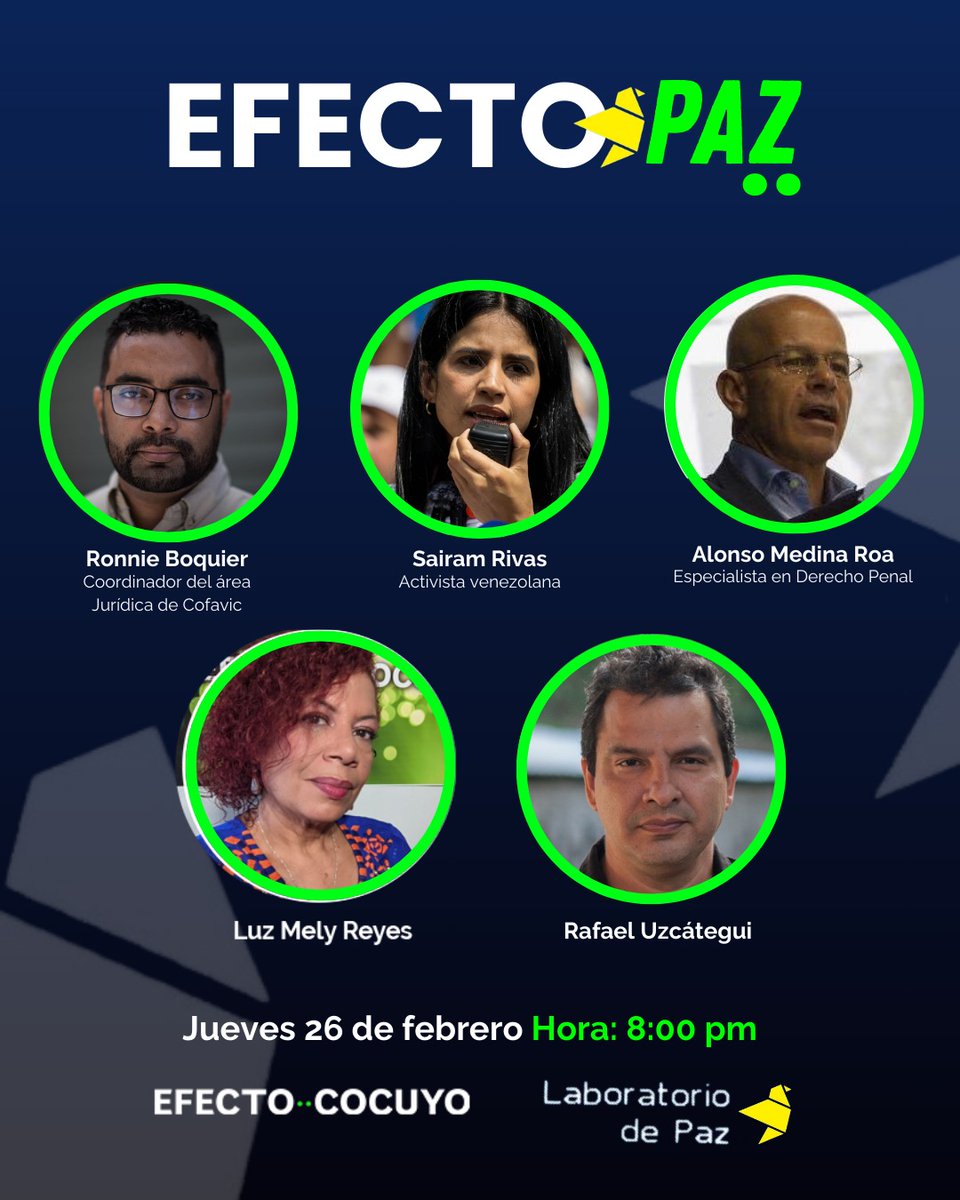 EfectoCocuyo's tweet image. Este jueves a las 8:00 pm, únete a @LuzMelyReyes y @fanzinero, quienes conversarán con @SairamRivas, @RonnieBoquier y @medinaroaalonso, en #EfectoPaz

¡Te esperamos!

Transmitiremos por #FacebookLive, #Periscope y #YouTube.