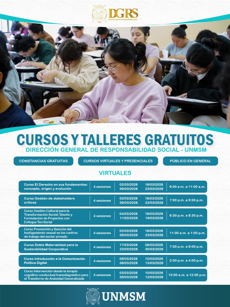 UNMSM_'s tweet photo. 📢 🎓✨ ¡Haz que el 2026 sea tu año de crecimiento! – Cursos y Talleres Gratuitos desde la DGRS - UNMSM
La Dirección General de Responsabilidad Social reafirma su compromiso con la formación integral ofreciendo espacios académicos orientados al desarrollo de competencias con enfoque social.

👥 Dirigido a la comunidad universitaria y público en general.
🖥️ Modalidad presencial y virtual.
🎓 Formación gratuita y de calidad.
📌 Formulario de inscripción:
▪️ Presencial: https://t.co/t8fPV8idsf
▪️ Virtual: https://t.co/ETe1TnBiA8