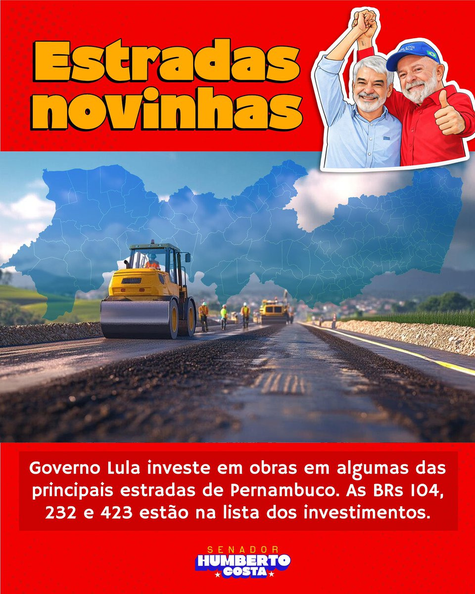 Lula está ampliando os investimentos em infraestrutura viária em Pernambuco. As BRs 104, 232 e 423 passam por obras que fortalecem a mobilidade, impulsionam a economia e garantem mais segurança para quem circula pelo estado. É desenvolvimento chegando para o povo pernambucano.