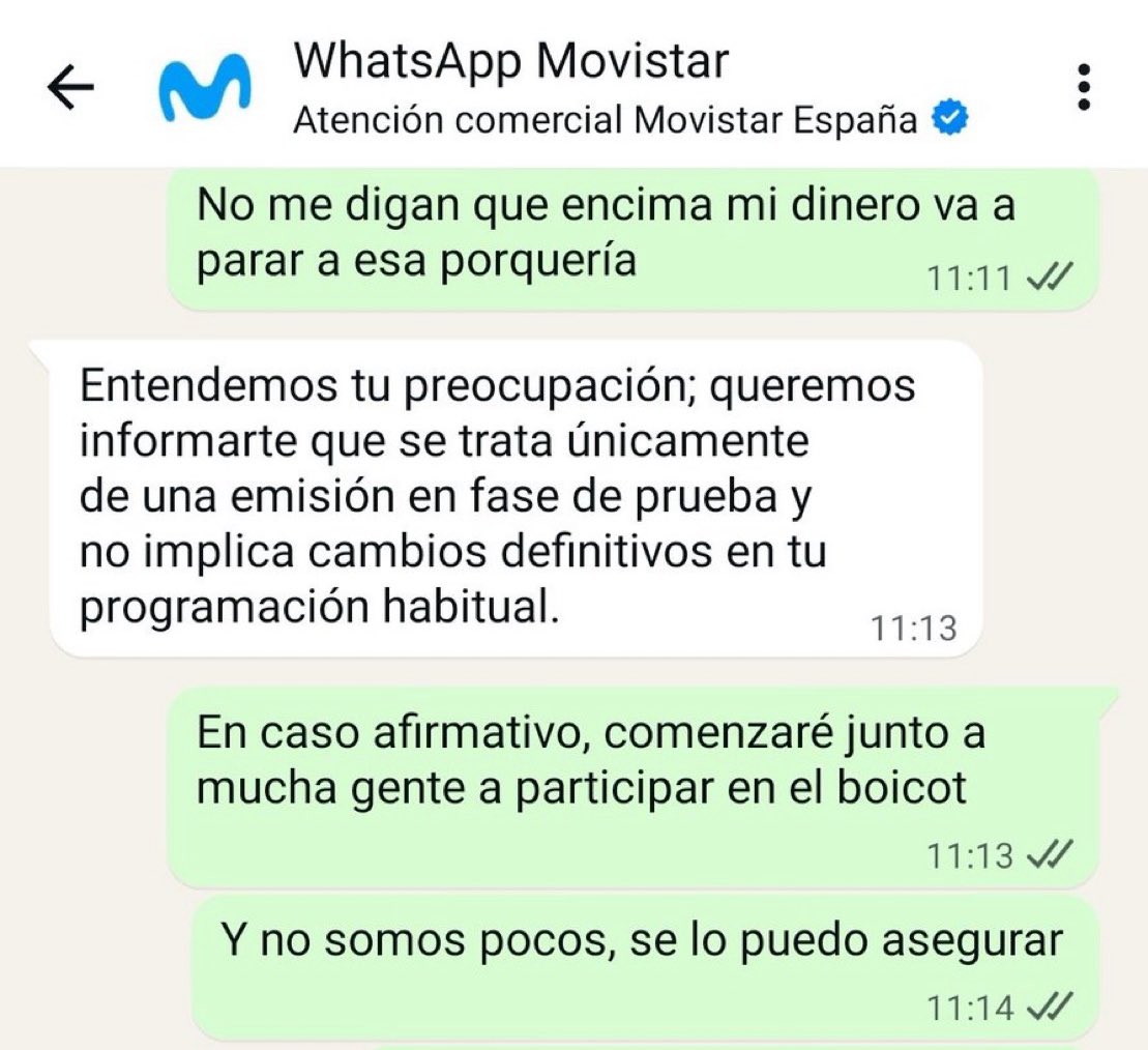 Telefonica confirma oficialmente que <a href="/MovistarPlus/">Movistar Plus+</a> emitirá el Canal Red de Pablo Iglesias.
Es un canal donde se difunde odio e información privada de personas por el simple hecho de pensar diferente.
Ánimo a todo el mundo a darse de baja. Ni un duro a los que apoyan difundir odio