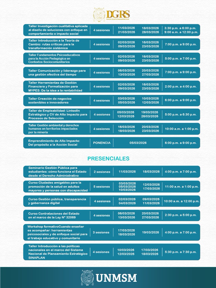 UNMSM_'s tweet photo. 📢 🎓✨ ¡Haz que el 2026 sea tu año de crecimiento! – Cursos y Talleres Gratuitos desde la DGRS - UNMSM
La Dirección General de Responsabilidad Social reafirma su compromiso con la formación integral ofreciendo espacios académicos orientados al desarrollo de competencias con enfoque social.

👥 Dirigido a la comunidad universitaria y público en general.
🖥️ Modalidad presencial y virtual.
🎓 Formación gratuita y de calidad.
📌 Formulario de inscripción:
▪️ Presencial: https://t.co/t8fPV8idsf
▪️ Virtual: https://t.co/ETe1TnBiA8