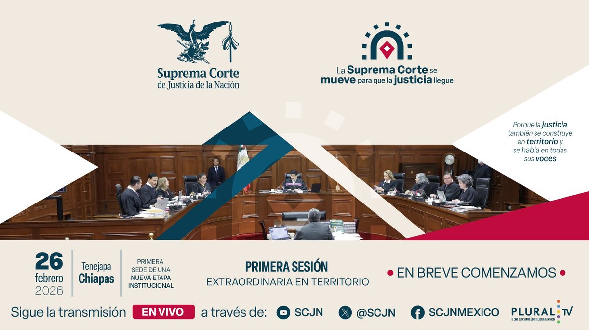 SCJN's tweet photo. Sigue #EnVivo la primera sesión extraordinaria en territorio del Pleno de la #SCJN en Tenejapa, Chiapas.

✅ Conoce los asuntos que se discutirán:
👉 https://t.co/EhT3GDQvyc
🕙 12 h
🔴 En vivo por nuestras redes sociales y en
@PluralTV_MX https://t.co/CBRWj7jF2H
