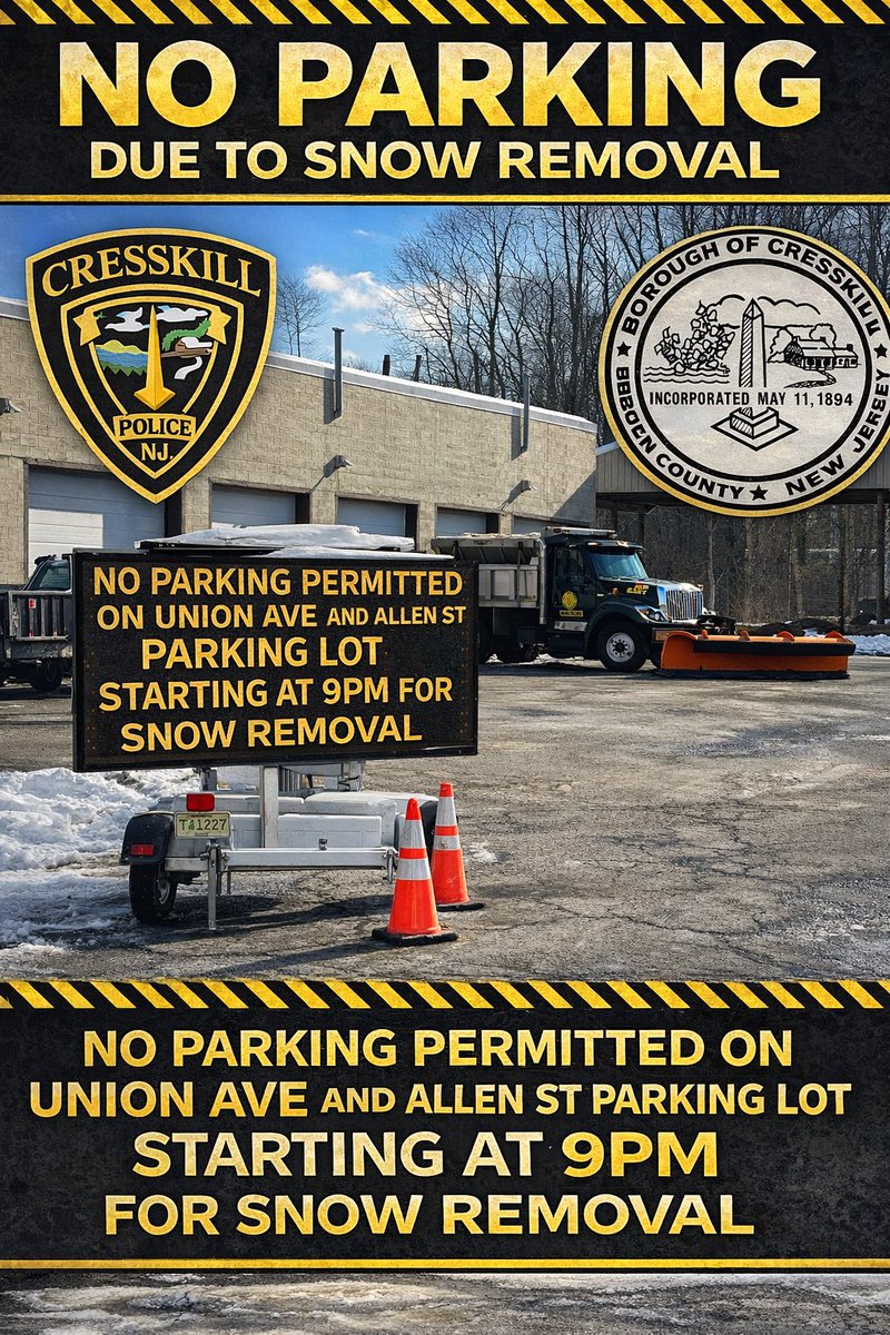 🌨️❄️ **Snow Removal Advisory!** ❄️🌨️
Attention residents! 🚧 Starting tonight at 9 PM, there will be **NO PARKING** on Union Avenue from Piermont Road to Washington Street, as well as on Willow Street &amp; Washington Street. Additionally, the Allen Street Parking Lot will be closed.