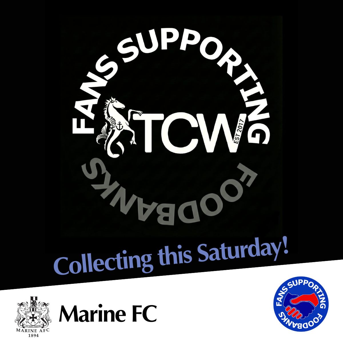 Collecting this Saturday <a href="/MarineAFC/">Marine Football Club</a> for the fa trophy 1/4 against <a href="/wokingfc/">Woking Football Club</a>.
Outside the ticket office/club shop from 12.30 until 14.30.
Over 2000 fans attending on Saturday if only half of you bring 1 donation it would be amazing.