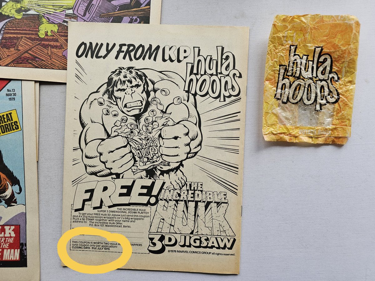 philcomics's tweet photo. Vintage 1970s Hula Hoops and Quavers crisp packets found in the wild this week and approximately dated by matching to adverts found in comics of the day! #SmithsCrisps #HulaHoopsUK #Quavers https://t.co/3Um6hb56ya