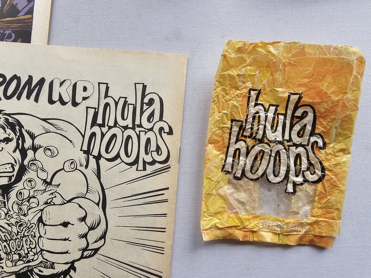 philcomics's tweet photo. Vintage 1970s Hula Hoops and Quavers crisp packets found in the wild this week and approximately dated by matching to adverts found in comics of the day! #SmithsCrisps #HulaHoopsUK #Quavers https://t.co/3Um6hb56ya
