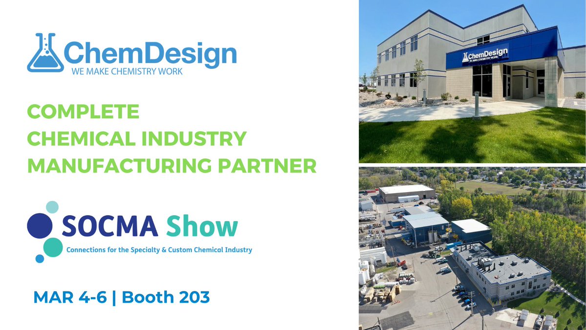 ChemDesign delivers reliability and quality as your next external manufacturing partner.  Visit us at the SOCMA Specialty &amp; Custom Chemicals Show next week, March 4–6, to discuss how we can support your next project! #EMP #chemicalmanufacturing #specialtychemicals #socmashow