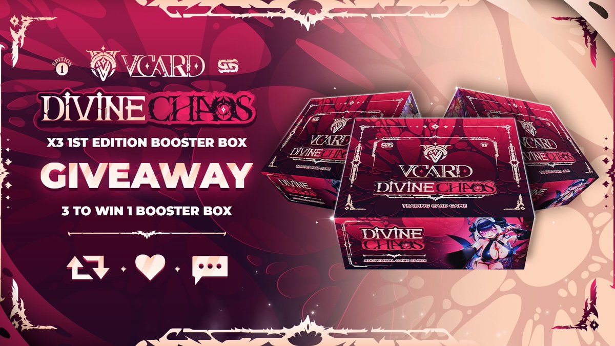 VCard: Divine Chaos is almost here!

NEW card types, fresh mechanics + more VTubers and creators

Comment, like, and retweet for a chance to win 1 of these 3 Divine Chaos booster boxes!

Dropping in 24 hours on 2/27 @ 3PM EST ✨