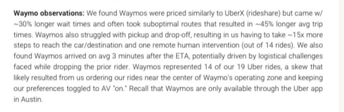 We knew $TSLA was always a complete write-off, so no comment there.

But this now re-affirms what I already suspected with Waymo "similarly priced to UberX but came w/ ~30% longer wait times and often took suboptimal routes that resulted in ~45% longer avg trip times"

So not
