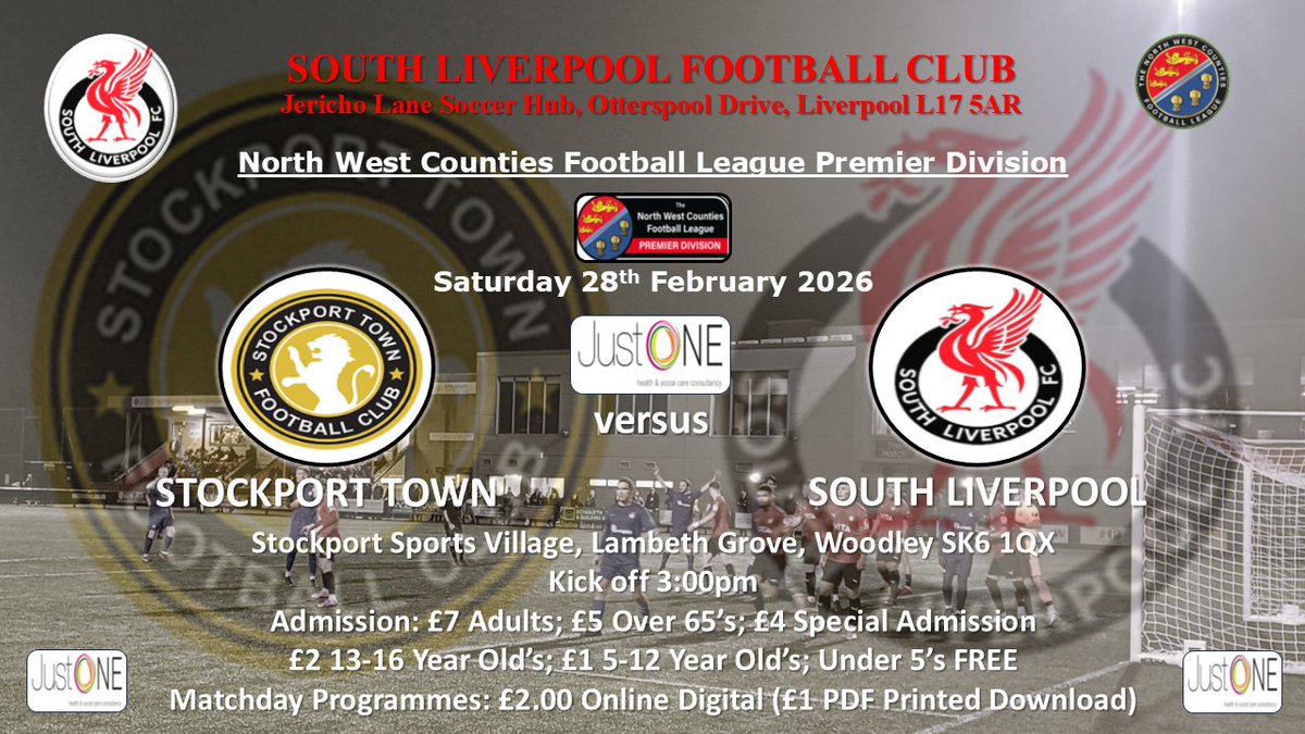 UP NEXT ⚪️⚫️🔴

📆 Sat 28/02/26
⚽️ <a href="/StockportTownFC/">Stockport Town FC</a>
🏆 <a href="/nwcfl/">The NWCFL ⚽️</a> Premier Division
⏱️ 3:00pm
📌 Stockport Sports Village, Lambeth Grove, Woodley SK6 1QX
💰 Admission: £7 Adults; £5 65+; £4 Special Admission
📚 Matchday Programmes: £2 Digital

#supportyourlocalclub
#ComeOnTheSouth