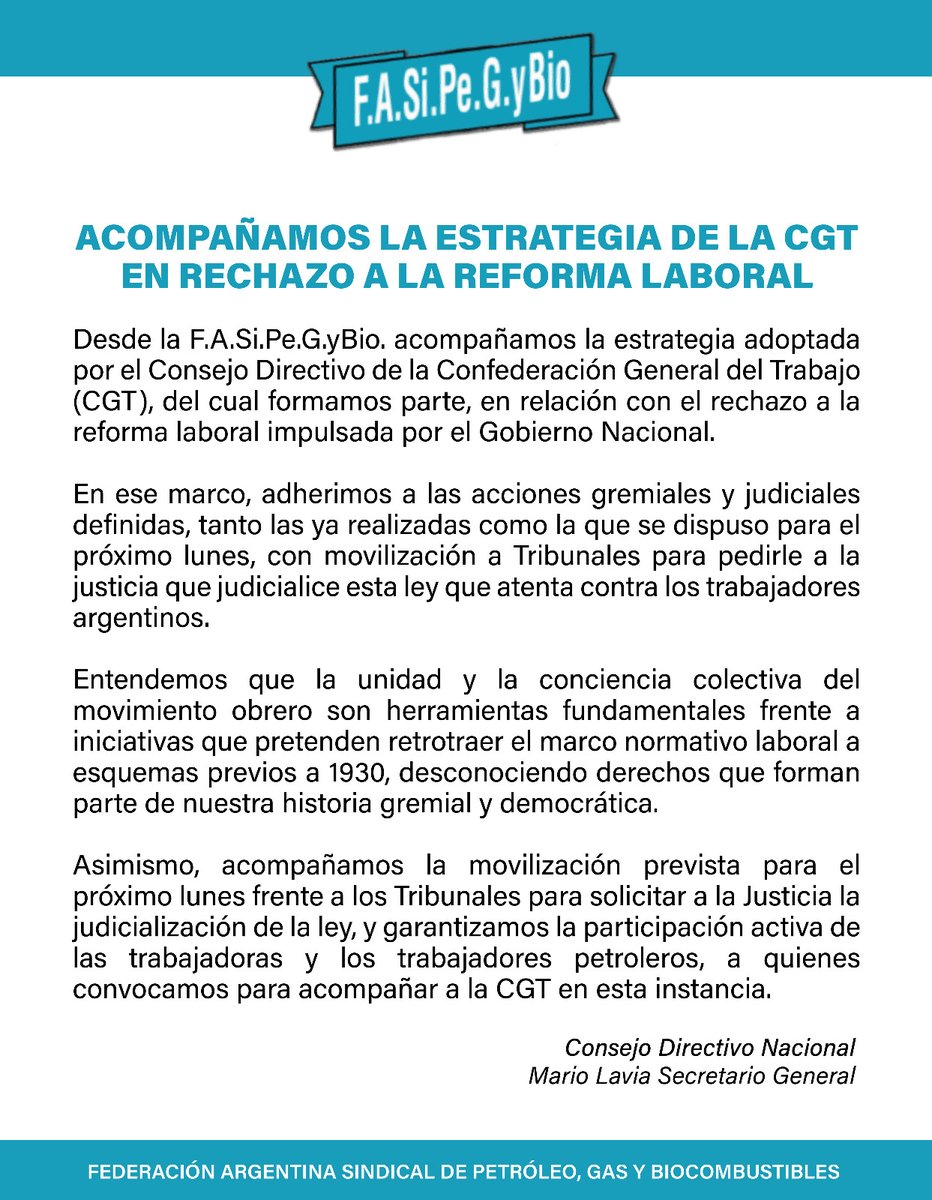 PetroGasBio's tweet photo. ACOMPAÑAMOS LA ESTRATEGIA DE LA @cgtoficialok EN RECHAZO A LA #REFORMALABORAL

Adherimos a las acciones gremiales definidas, tanto las ya realizadas como la que se dispuso para el próximo lunes, con movilización a Tribunales.

FASiPeGyBio
Mario Lavia 
Secretario General https://t.co/FdJbakniH9