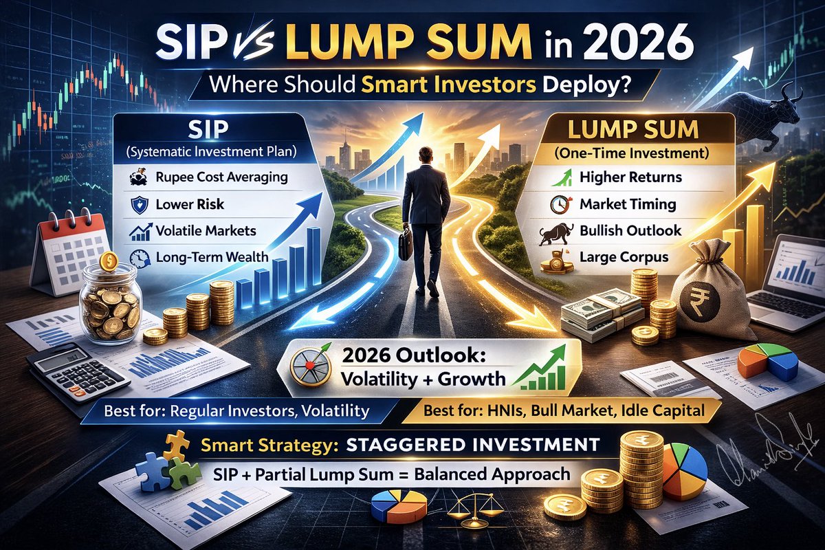 SIP vs Lump Sum in 2026 — What Should Investors Do?

This is one of the most common questions I’m getting right now.
Markets are volatile. Valuations are selective. Liquidity is uneven.
Here’s the practical view:
If you’re investing from monthly income → SIP brings discipline