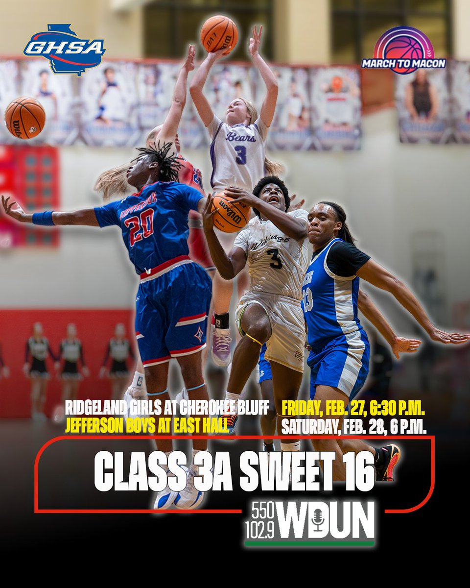 WDUNSports's tweet photo. 🔥 🏀 Sweet 1️⃣6️⃣ 📻 COVERAGE🏀🔥

Two gyms. Two massive matchups. Two tickets to the @OfficialGHSA Elite 8️⃣ on the line.

🏀 Cherokee Bluff girls host Ridgeland
🕡 6:30 p.m.
🗓️ Friday, Feb. 27

🏀 East Hall boys host Jefferson, Rd No. 4
🕕 6 p.m.
🗓️ Saturday, Feb. 28 https://t.co/wbLEDa1I4Q
