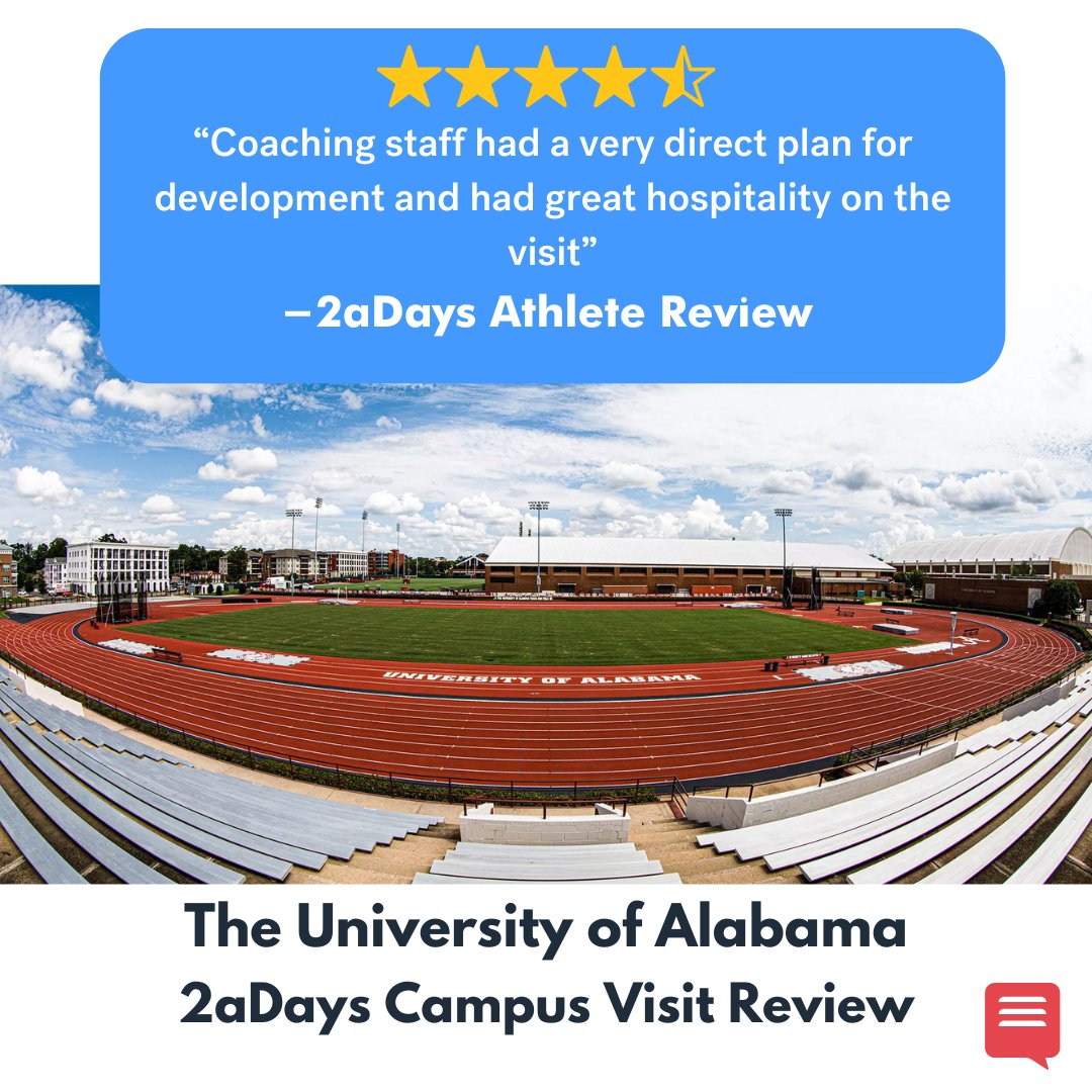 2aDays_Ratings's tweet image. You don't have to be a #collegeathlete to review on #2aDays. Recruits and parents can review visits and facilities. @AlabamaTrack received a visit review from an athlete who noted the hospitality but also a clear development plan for incoming athletes. See all of @UA_Athletics