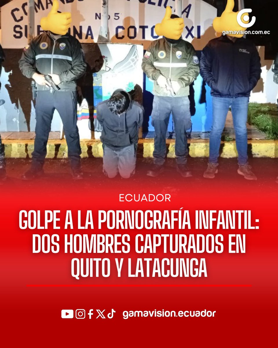 GamaNoticiasEc's tweet photo. Una condenable actividad ilícita fue desarticulada en las últimas horas por las autoridades. 

Tras meses de exhaustivos trabajos investigativos, la @PoliciaEcuador, en coordinación con la @FiscaliaEcuador, #CiberPol y el apoyo de la cooperación internacional, ejecutó dos allanamientos simultáneos en las provincias de Pichincha y Cotopaxi.

​En la intervención se logró la captura en Quito y Latacunga de Danny Francisco A., de 26 años, y Cristian Josué M., de 19 años. 

Según las investigaciones, estos sujetos utilizaban sus cuentas personales en plataformas digitales para almacenar y transmitir material de abuso sexual infantil.