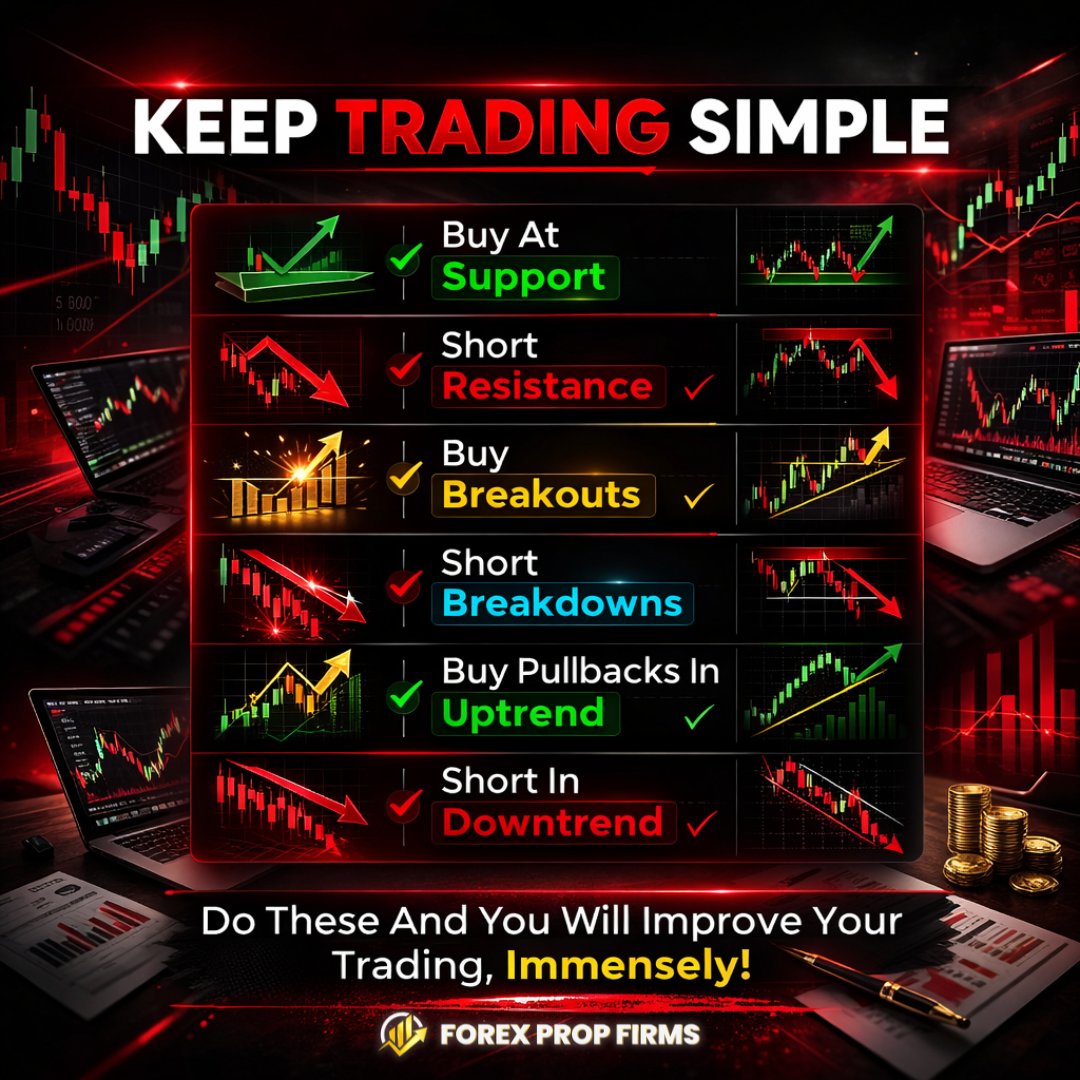propfirms's tweet image. 📉 Keep Trading Simple!

1️⃣ Buy at support
2️⃣ Short resistance
3️⃣ Buy breakouts
4️⃣ Short breakdowns
5️⃣ Buy pullbacks in uptrend
6️⃣ Short in downtrend

Simple setups, applied consistently, often outperform complex strategies.

..
..

#PropTrading #ForexCommunity #TradingDiscipline
