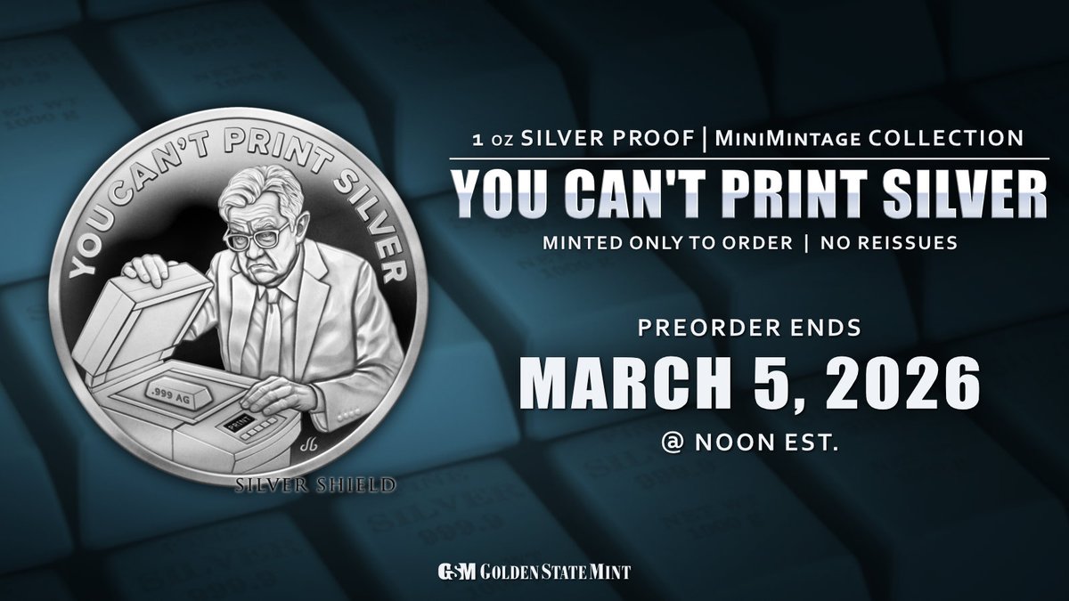 GoldenStateMint's tweet photo. Secure your silver with this clever and pointed design! Our 1 oz Silver Proof You Can't Print Silver MiniMintage is now available for pre-order! Grab it before it disappears in just one week! #GoldenStateMint #Silver #PreciousMetals #MiniMintage https://t.co/nOyiuEOdFd https://t.co/HVxEHq4HVl