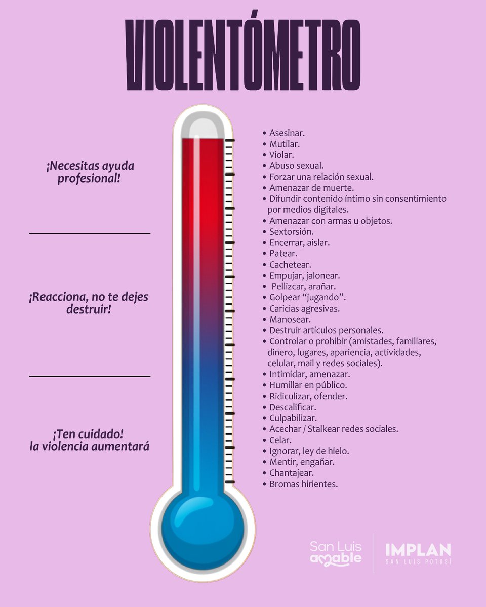 implanslp's tweet photo. El Violentómetro, una herramienta que nos ayuda a identificar y prevenir manifestaciones de violencia.
A través de @InsMujeresSL , se brinda orientación, acompañamiento y apoyo a mujeres que viven situaciones de violencia. 💜
Reconocer las señales es el primer paso para actuar. https://t.co/KvrH0E1UUO