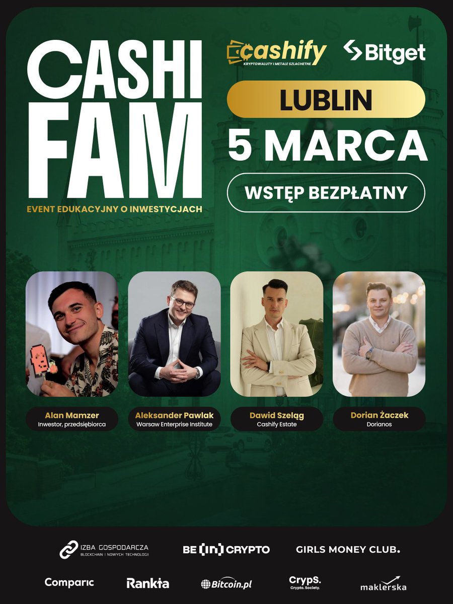 Halo, Lublin? Za tydzień jesteśmy u Was! 🫡

Już w czwartek kolejna odsłona Cashifam Lublin. Wyobraż sobie, że to już nasze ósme wydarzenie w tym mieście i zawsze jest coraz lepiej 😎

Jak już zdążyłeś zauważyć, podczas tej trasy skupiamy się nie tylko na kryptowalutach. Nie