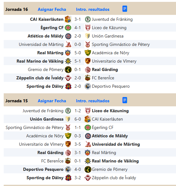 <a href="/isaacgonz/">Isaac González Peña</a> <a href="/FranMardyBum/">Frankero</a> <a href="/Drakonia_Liga/">Drakonia</a> <a href="/NCDrusus38/">NCDrusus</a> <a href="/johnygrey/">The General</a> <a href="/rj_gonzalez/">Rafa J</a> <a href="/AMdHL/">Alberto MdH</a> <a href="/karesinda/">Karesinda 🇩🇯</a> <a href="/xtaoth/">Juan T.</a> <a href="/bruja_coruja/">La Bruja Coruja</a> <a href="/Istel_/">Istel</a> <a href="/GeorgeKplan/">George Kaplan</a> <a href="/cacaueses/">Ave</a> <a href="/TECTONIAFOOTBA1/">TECTONIA</a> <a href="/SRSantAngelo1/">SRSantAngelo</a> <a href="/JChaozen/">J. Chao</a> <a href="/DAiros_14/">Dairos</a> <a href="/darienkan/">Darienkan</a> <a href="/Gaidur9/">The Old Gaidur</a> <a href="/QuilmesUnionEx/">Quilmes Union Express</a> <a href="/M_de_Marte/">Marius Novgorodsky</a> <a href="/crcolinprogress/">CaracolinProgress</a> <a href="/Dan_ook/">Dan Monkeypainting</a> <a href="/GRicchetti39/">Guillermo Ricchetti</a> <a href="/elenahersan/">Elena</a> <a href="/CotinusaCorp/">Cotinusa Corp.</a> <a href="/ErramunSebal/">Jon Erramun Sebal</a> Así quedaron los marcadores de la serie B. Cuatro victorias de un Atlético de Mâldy estelar, que se pone líder, y de un Real Marino que queda tercero. Mientras el FC Berenîce sumó 4 derrotas y cae al descenso.

<a href="/dronte/">Javier Jiménez</a> <a href="/Fer_S_B/">Fernando Suárez🇪🇦🇺🇦🇮🇱</a>