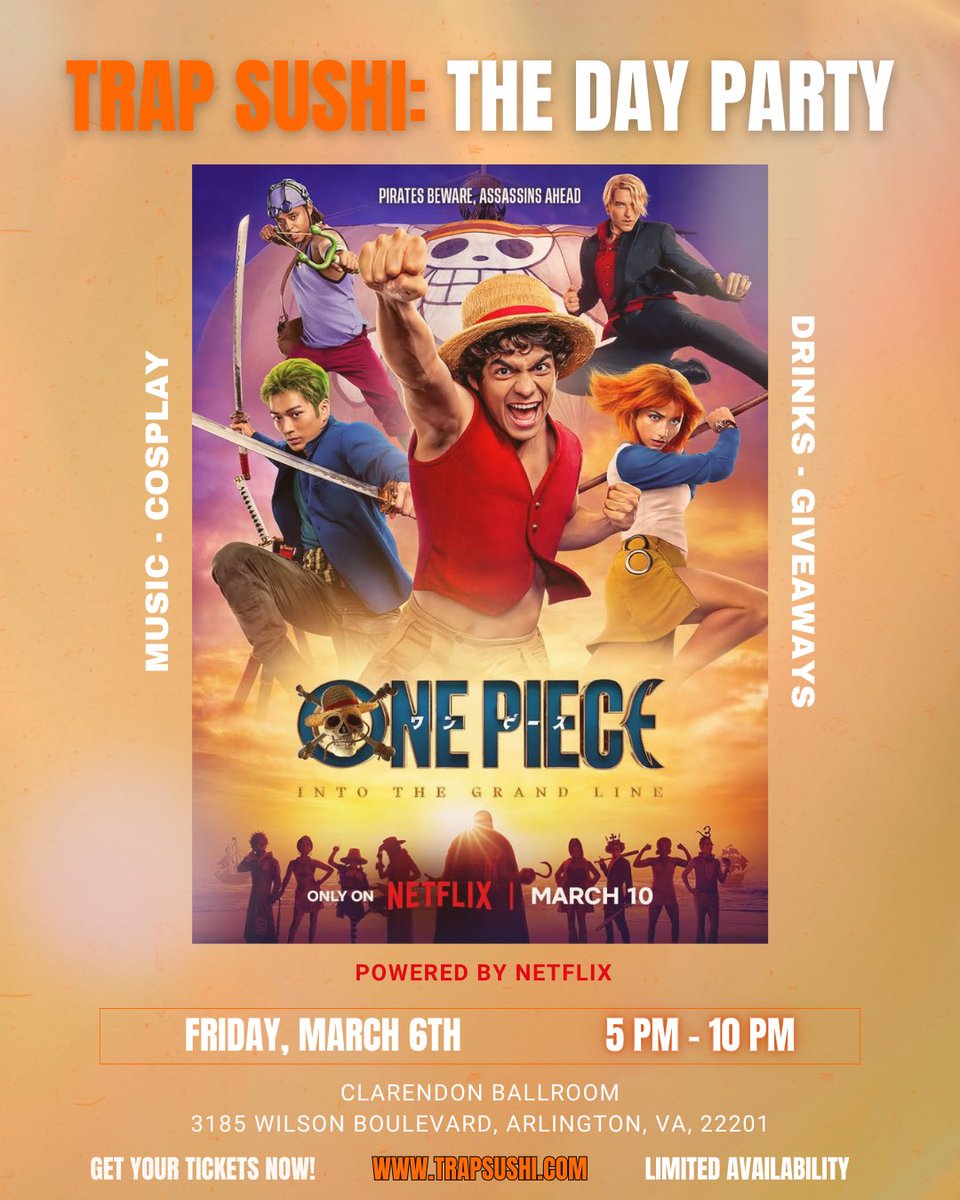trapsushiofcl's tweet photo. TRAP SUSHI  🤝ONE PIECE: INTO THE GRAND LINE

We’re excited to announce a special One Piece Netflix photobooth experience at our D.C. Day Party on March 6! Voyage into the Grand Line only on @netflix March 10 🏴‍☠️
Grab your crew and set sail with us at https://t.co/srYrma6ygs 🌊 https://t.co/jc7Qnn4O3F