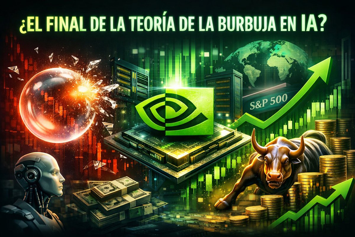 ¿El final de la burbuja en IA?

Durante meses se habló de una posible burbuja en inteligencia artificial.
Esta semana, Nvidia presentó resultados: ingresos récord, beneficios +94% interanual y crecimiento muy por encima de lo esperado.
Una burbuja suele implicar precios inflados