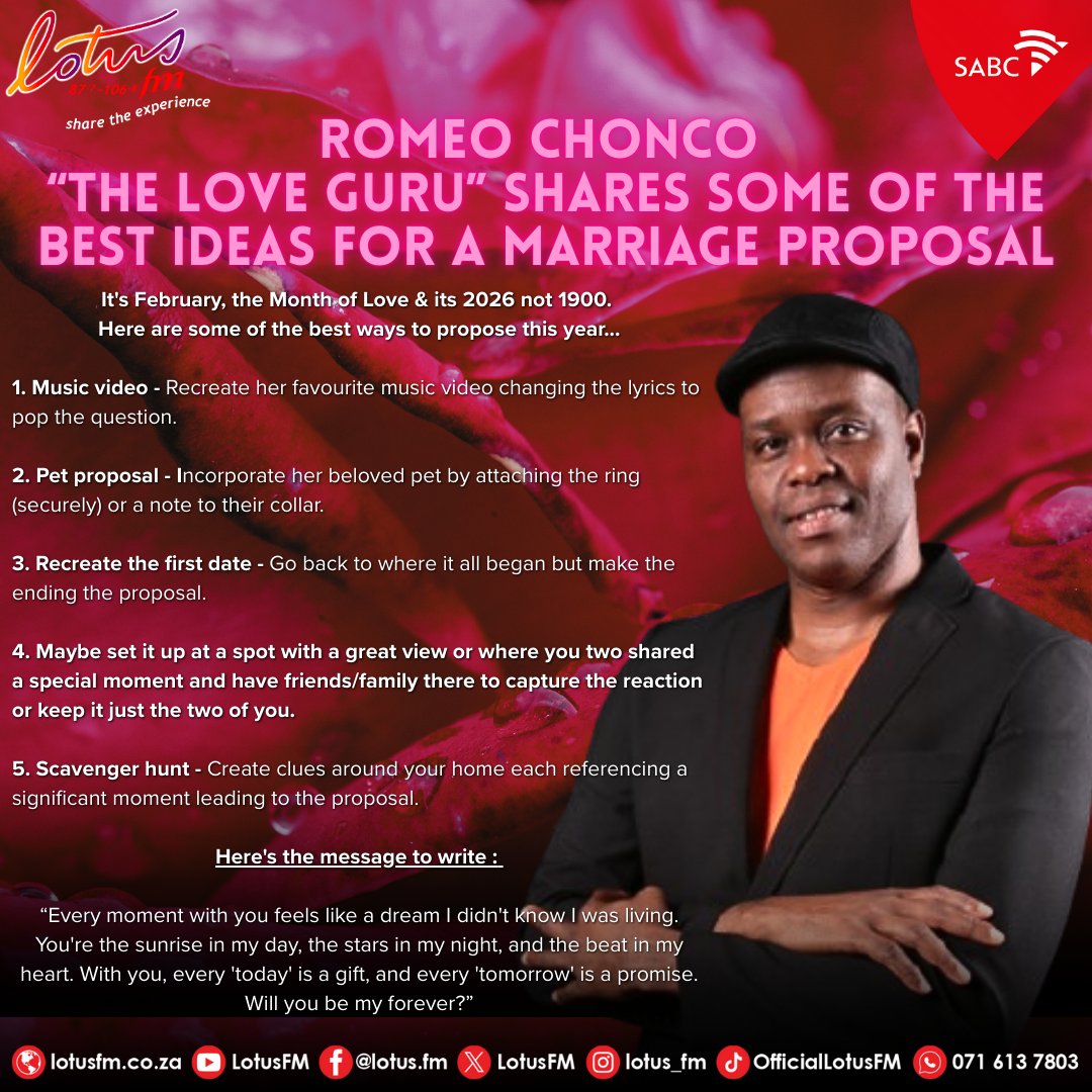 Lotusfm's tweet photo. Love is in the air, and The Love Guru is here to help you pop the question! ๐
From creative proposals to heartfelt moments, Romeo Chonco shares modern ways to say โWill you marry me?โ this February. ๐๐โค๏ธ
#LotusFM #MonthOfLove #ShareTheExperience https://t.co/2evx3bkYR8