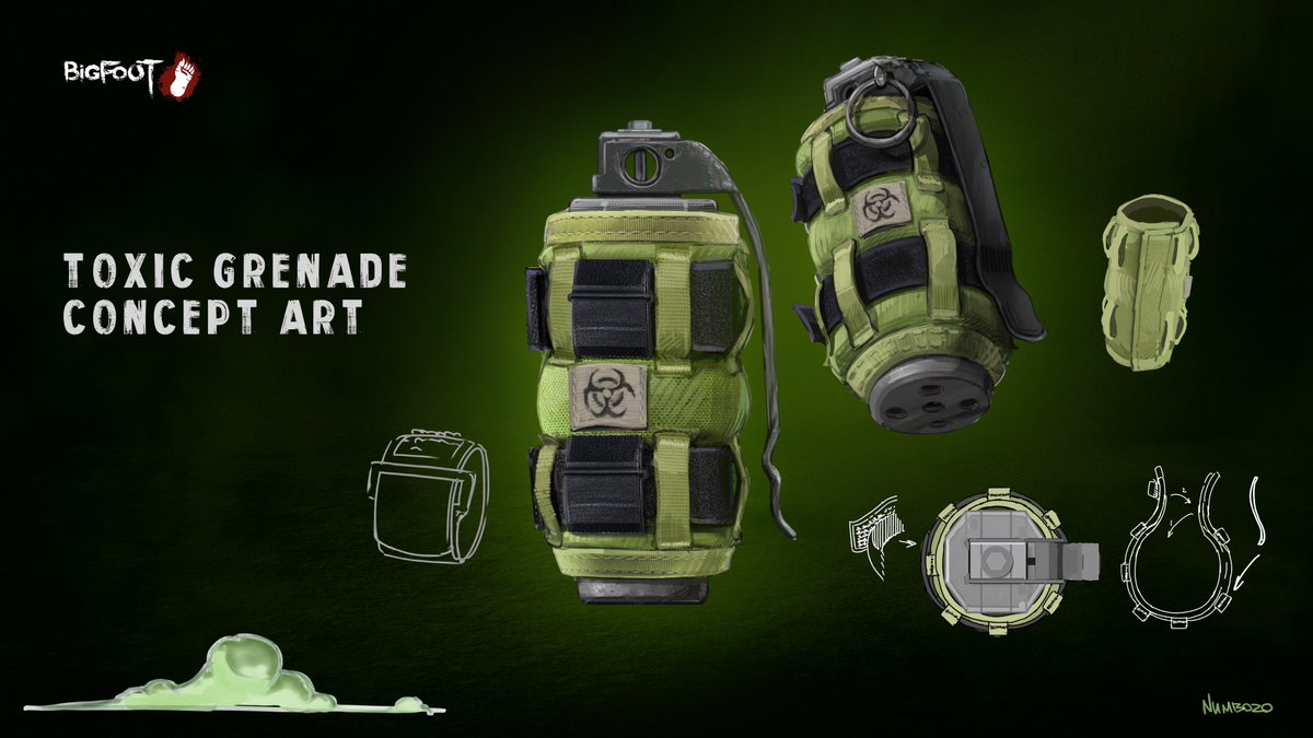 BIGFOOT_game's tweet photo. New design insight 👀
Toxic grenade ☣️ 

Releases a neuroparalytic gas cloud. Longer you stay, more damage.
Already part of upcoming content. Mechanics and gameplay role are set. Refining visuals and feel.
Personal device for one character only.

Who do you think it belongs to? 👀🔥