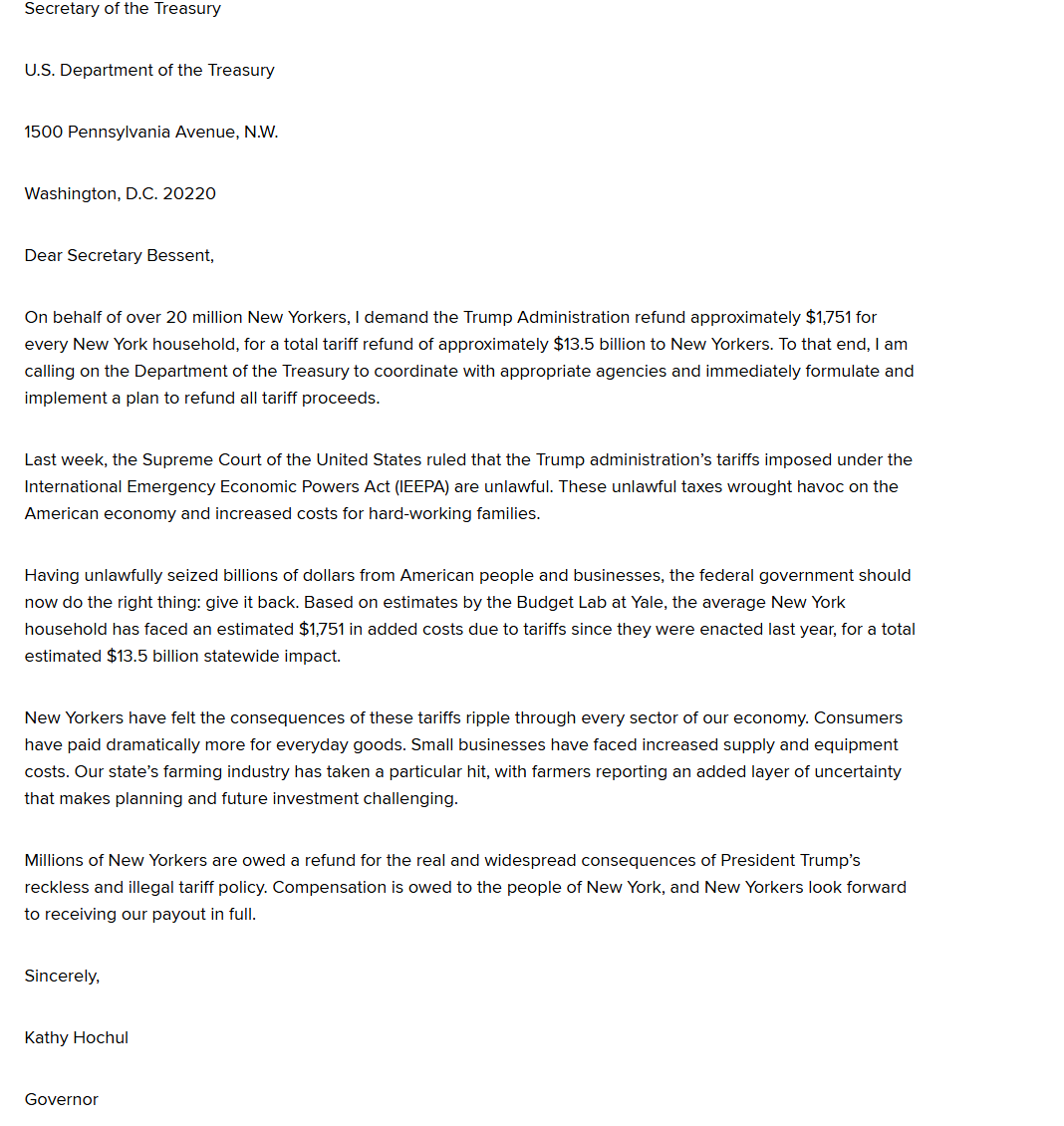 NEW:  Gov. Kathy Hochul (D-NY) has formally requested Trump Administration refund $13.5 billion to New Yorkers from Trump's rejected tariffs 

governor.ny.gov/news/governor-…